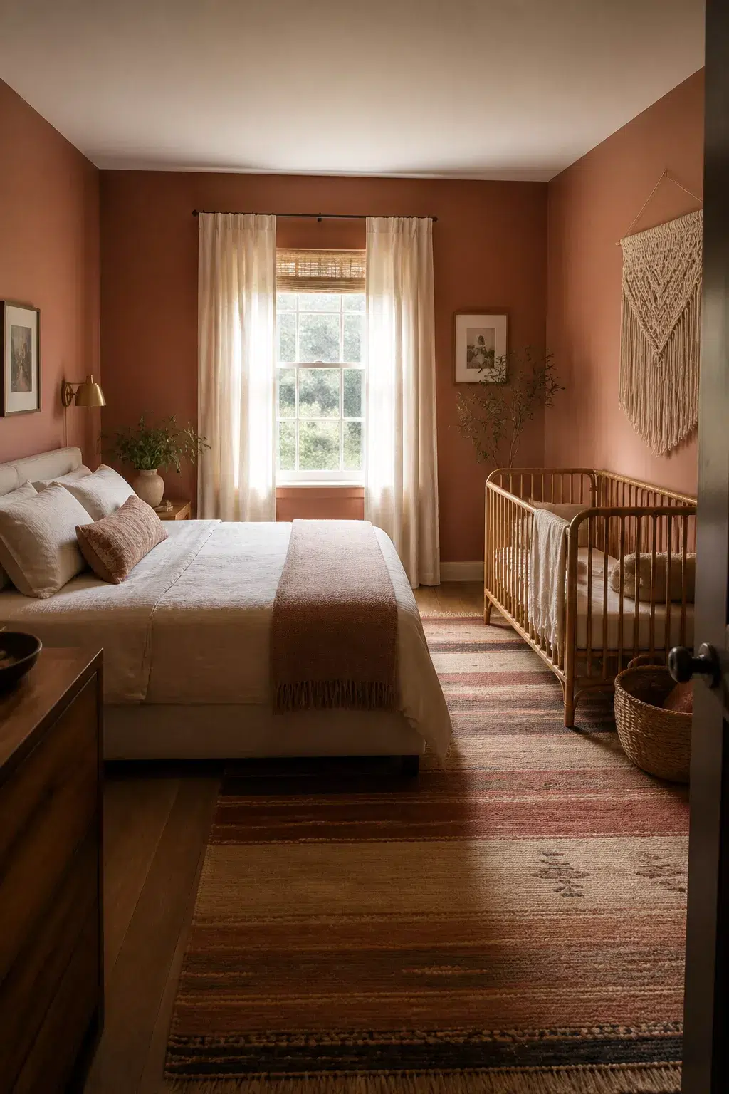 Guest room and nursery combo with terracotta walls, rattan crib, macramé hanging, and kilim rug — earthy tones