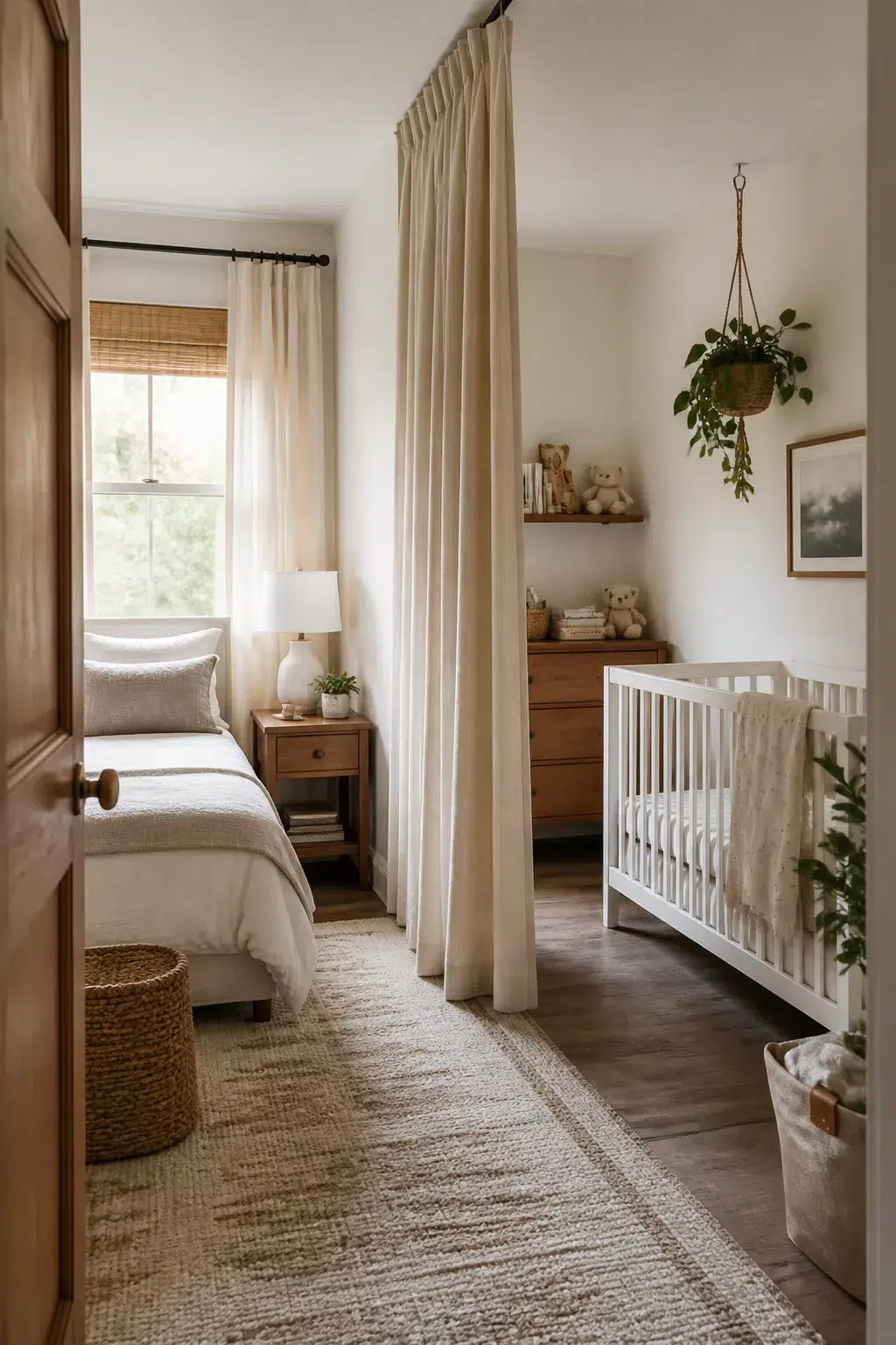 Linen curtain divides a guest room and nursery combo with white crib, twin bed, and warm wood tones.