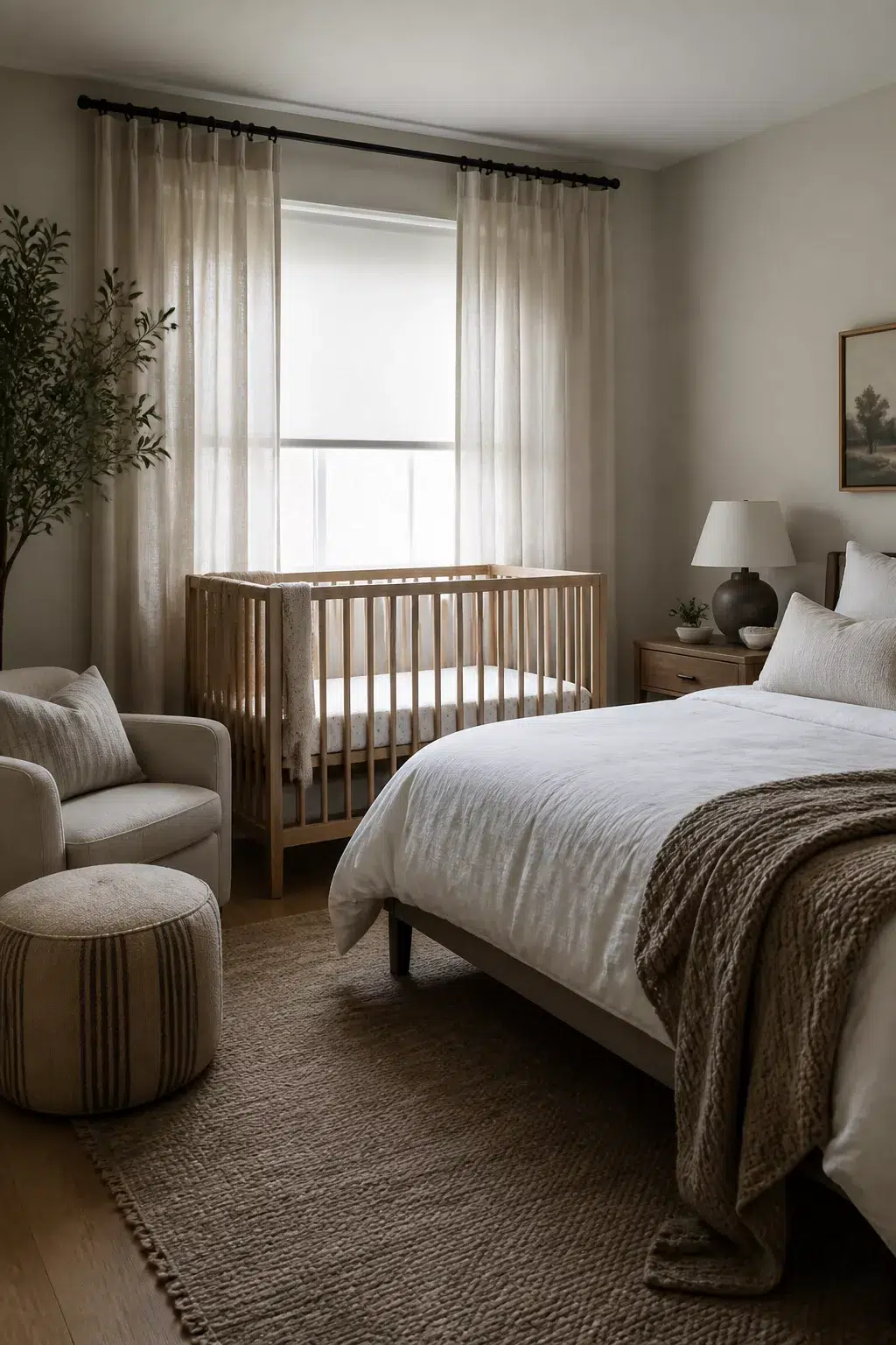 Guest room and nursery combo ideas with sheer linen drapes, roller blackout blind, and light wood crib in neutral bedroom