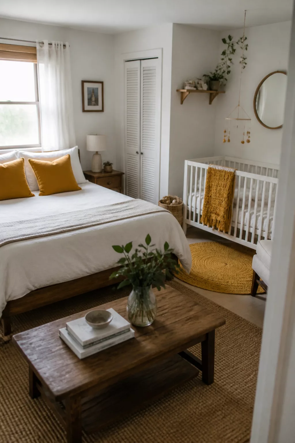 Mustard yellow accents guest room and nursery combo idea with white crib, jute rug, and shared warm color palette.