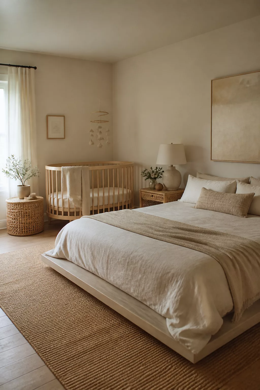 Neutral guest room and nursery combo ideas with beige linen bedding, natural wood crib, and rattan accents