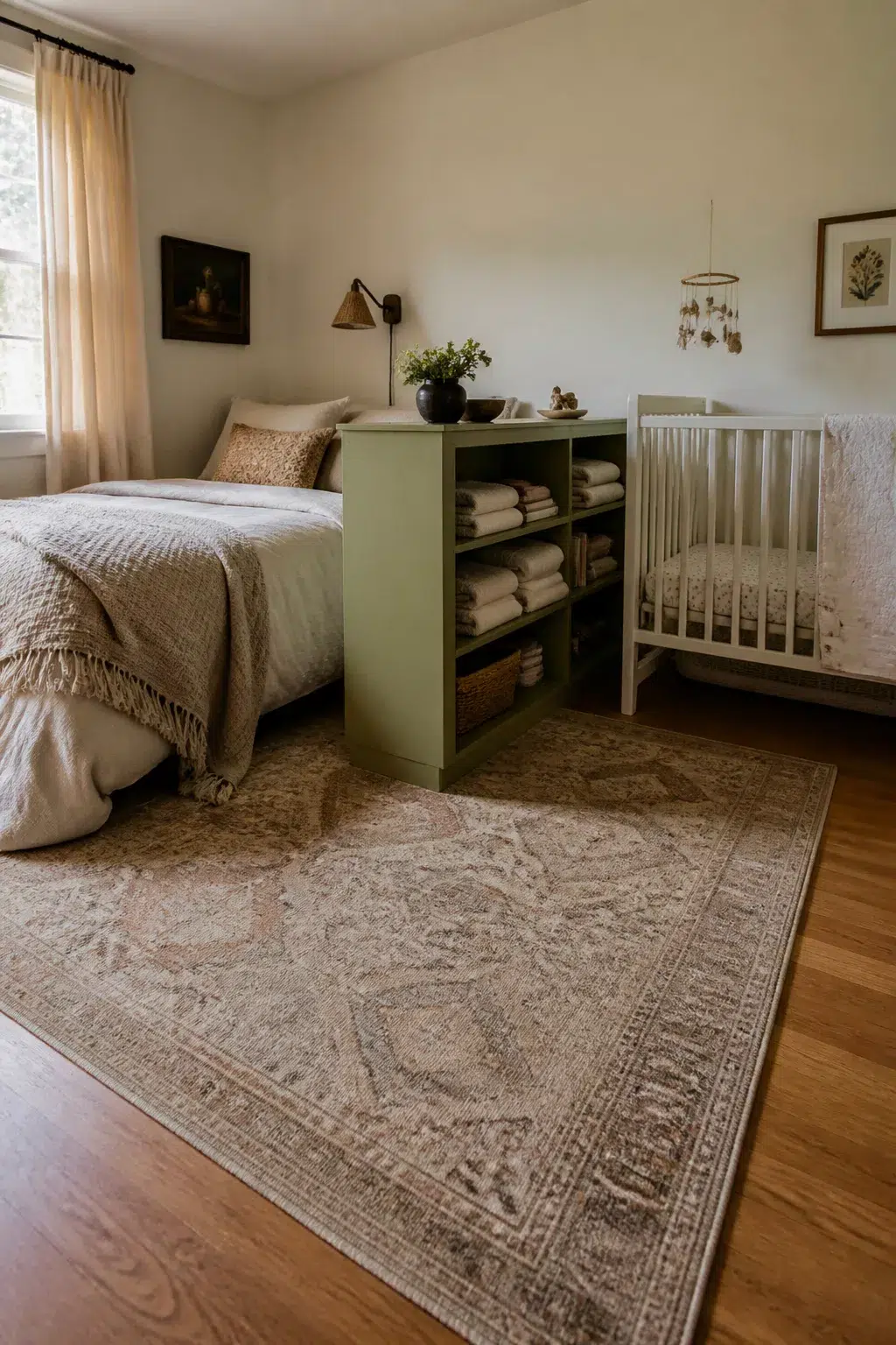 Sage green bookshelf divides guest bed and white crib in a guest room and nursery combo ideas layout