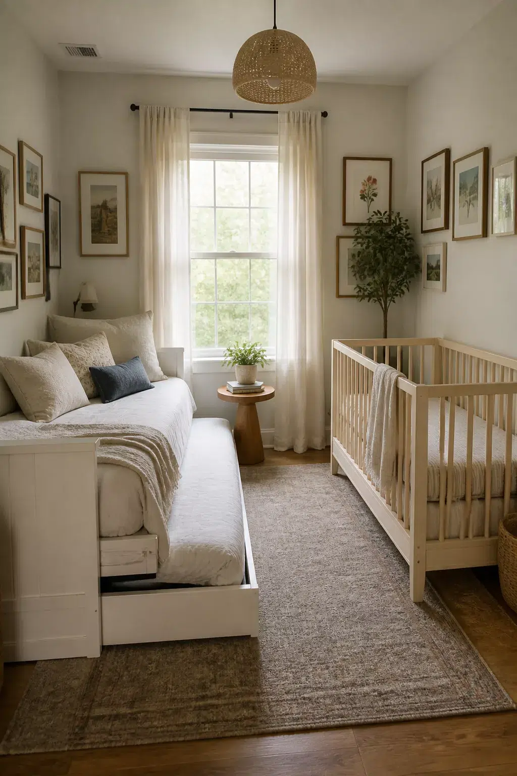 White daybed next to a natural wood crib in a guest room and nursery combo idea with warm neutral decor