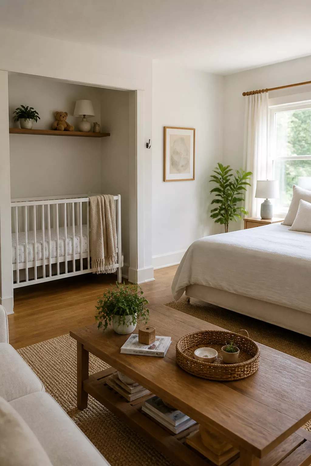 Guest room and nursery combo ideas with a white crib tucked into a recessed alcove and warm wood floating shelf above.