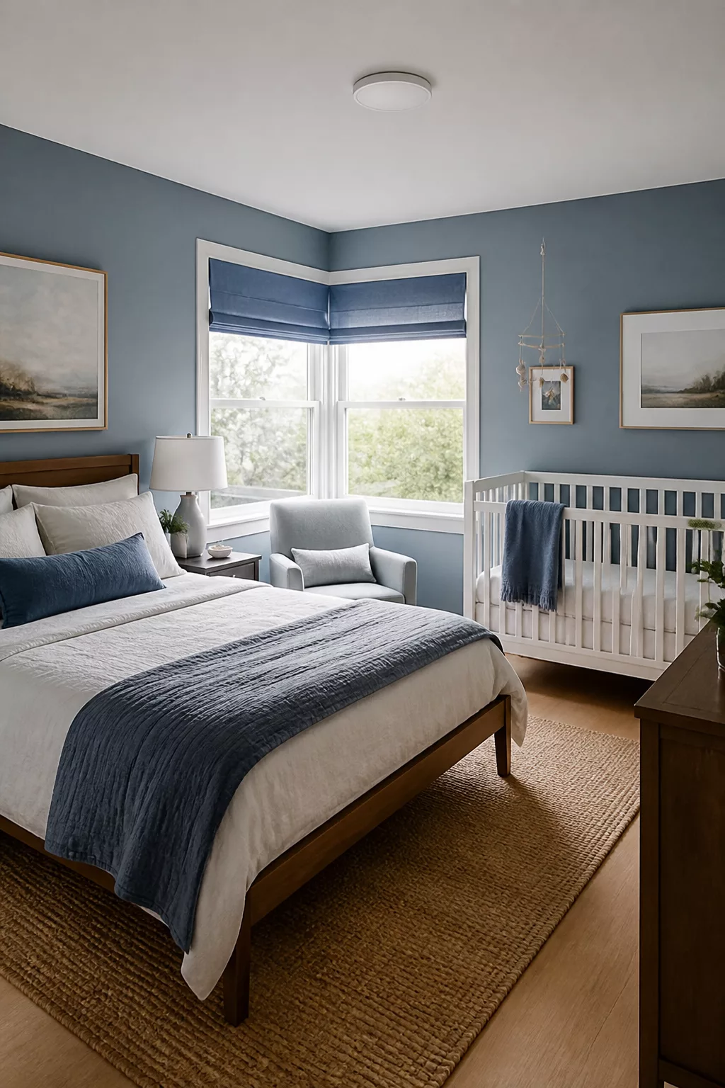 Dusty blue guest room and nursery combo ideas with white crib, navy accents, and jute rug in shared bedroom
