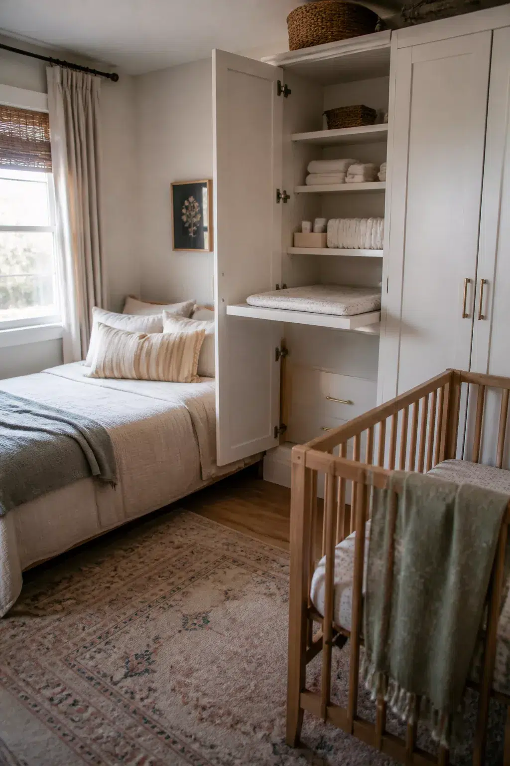 Built-in wardrobe used as a baby changing station in a guest room and nursery combo with natural wood crib
