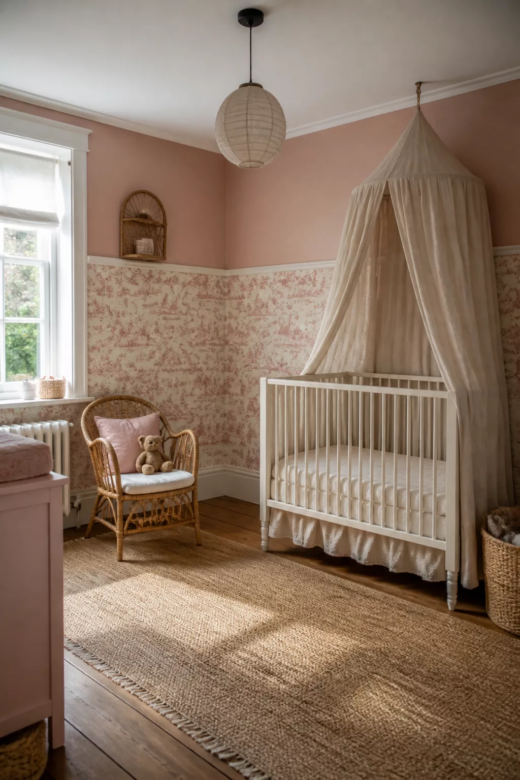 Blush pink half paint half wallpaper nursery design with vintage toile lower wall and white crib canopy.