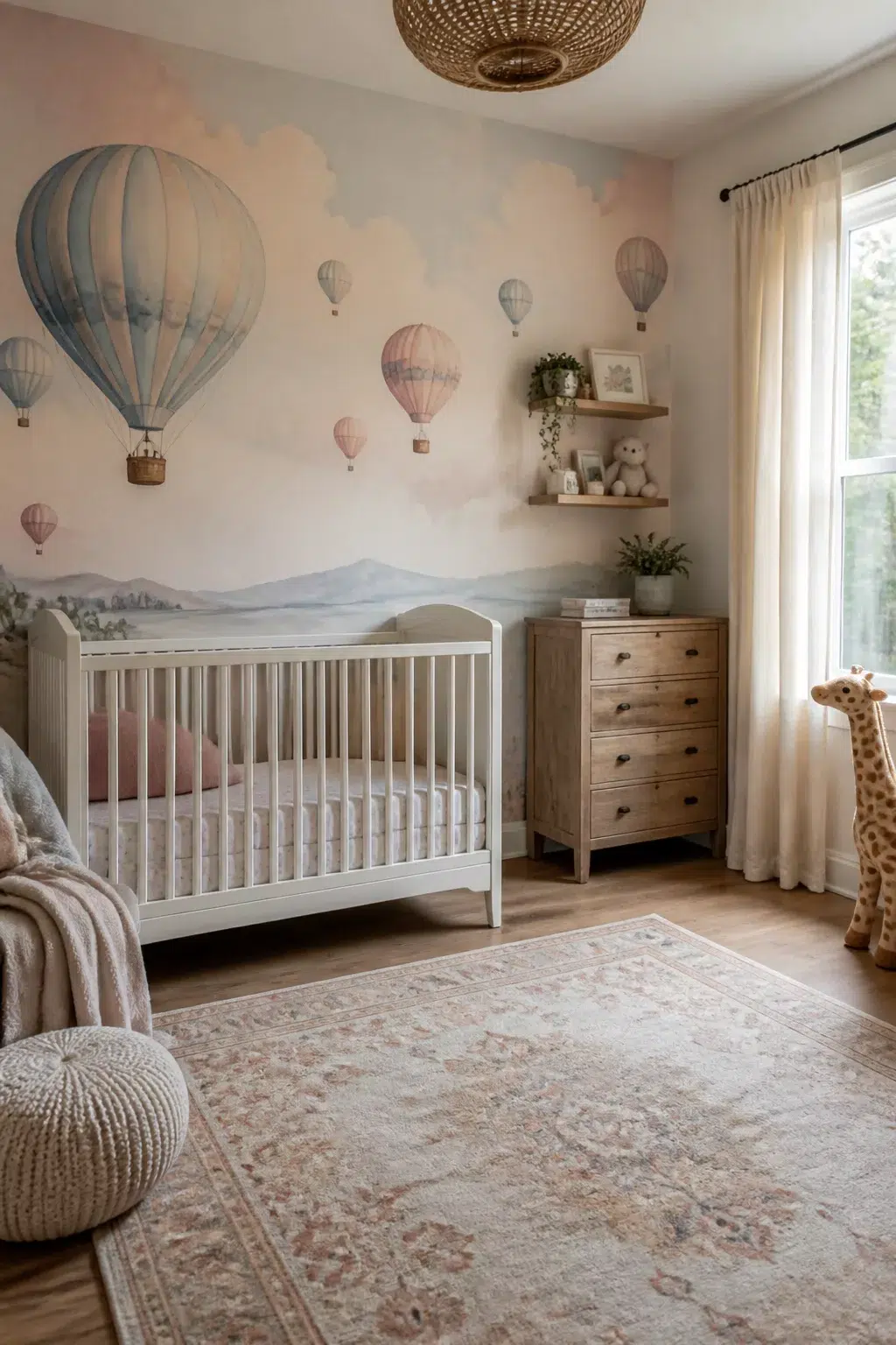 Soft blush hot air balloon nursery ideas with watercolor wall mural, white crib, and oak dresser