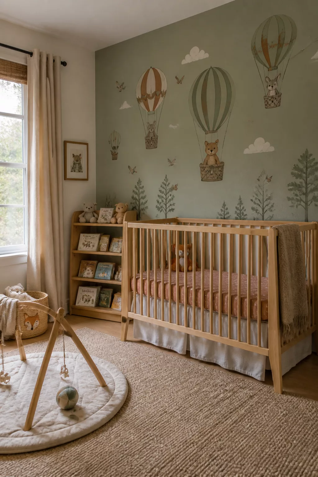 Sage green woodland hot air balloon nursery ideas with illustrated mural, wood crib, and jute rug
