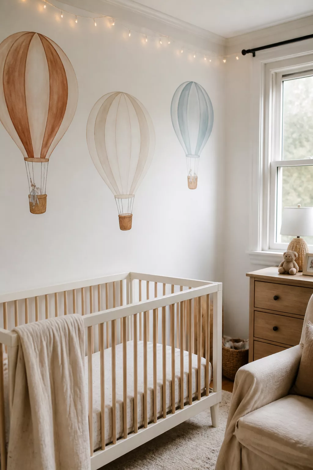 Hot air balloon nursery ideas with DIY watercolor balloon wall art, natural wood crib, and string lights.