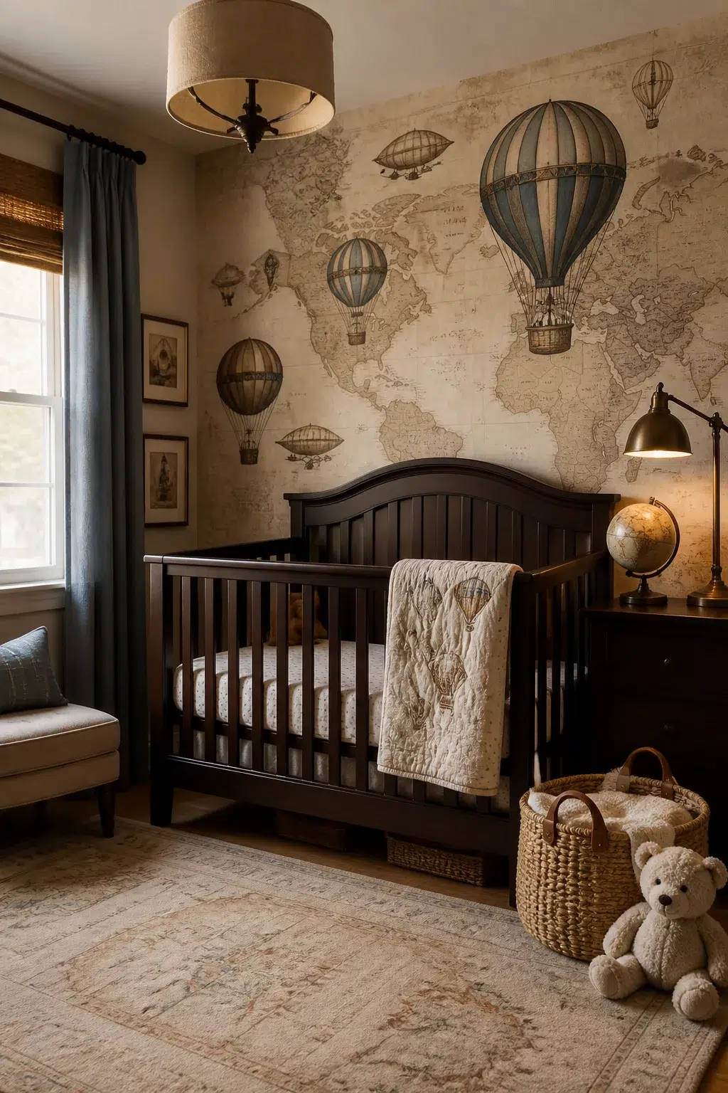 Vintage world map mural with hot air balloon nursery ideas featuring dark wood crib and antique globe