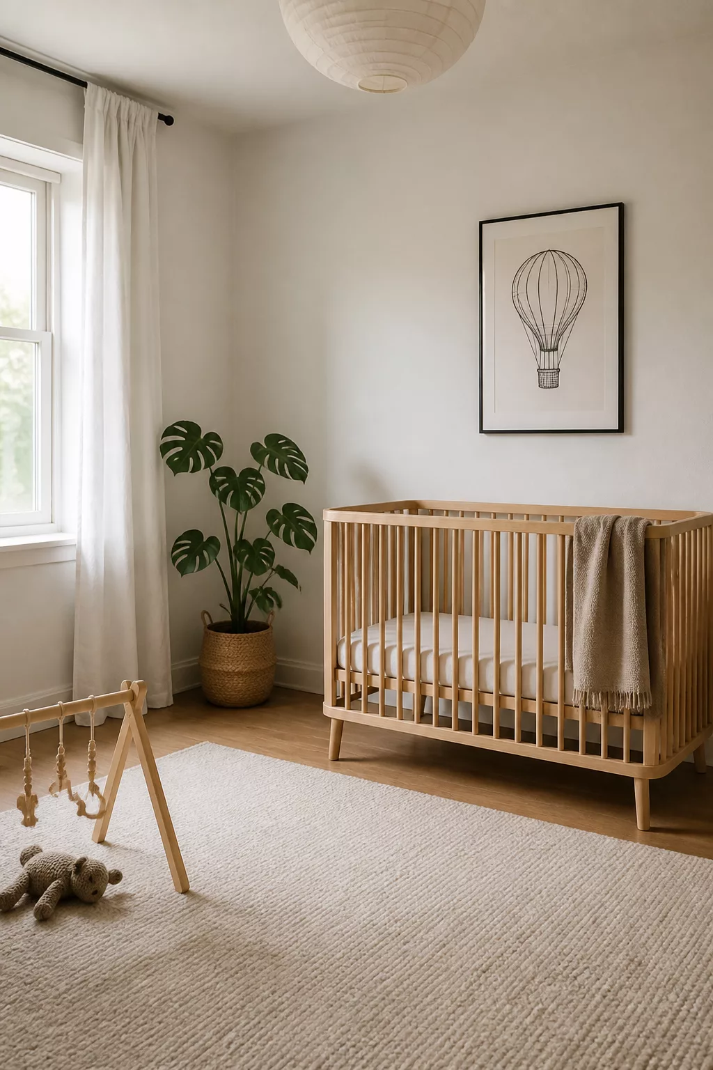 Minimalist hot air balloon nursery ideas with framed line-art print, light wood crib, and neutral Scandinavian decor
