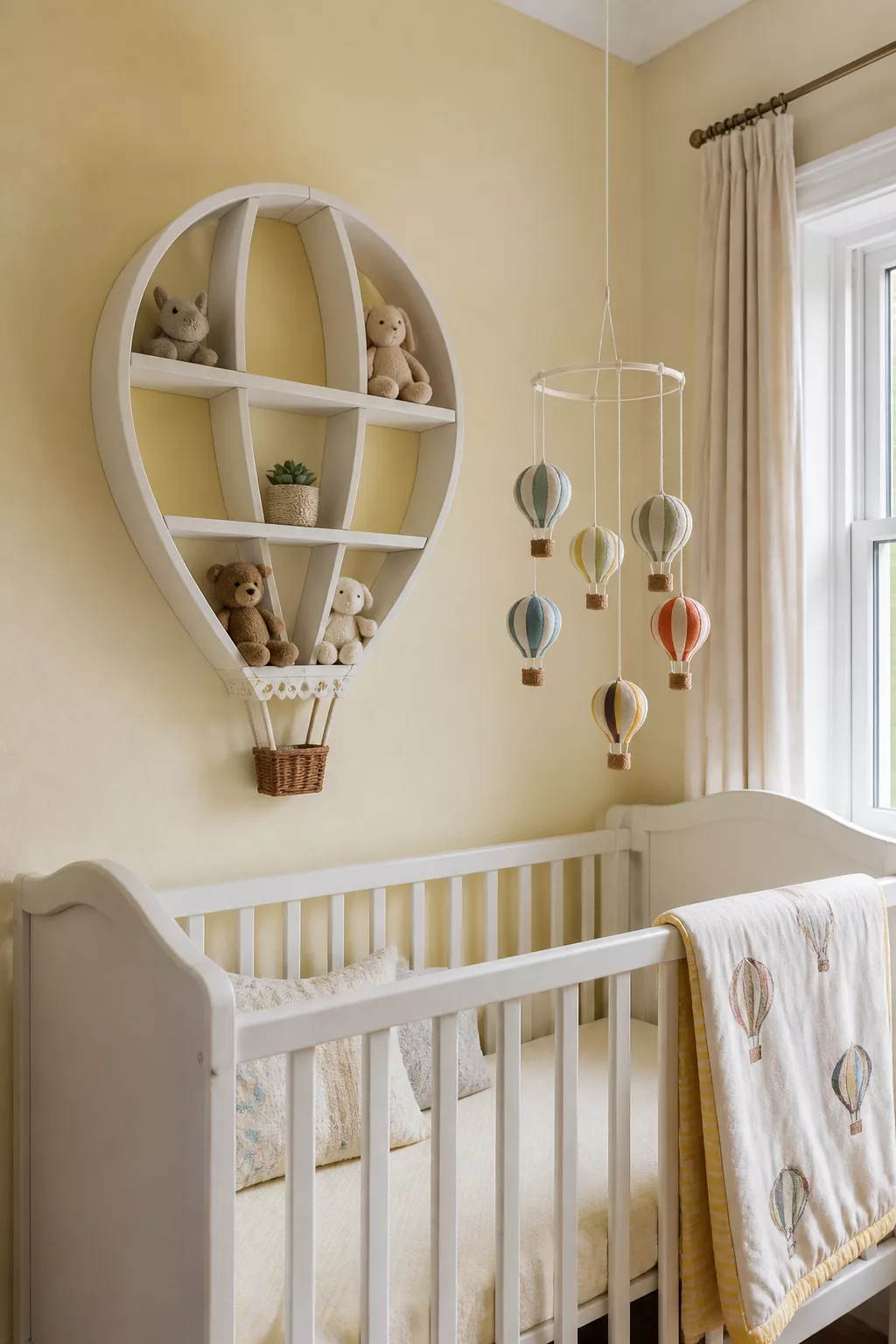 Hot air balloon nursery ideas with balloon-shaped wall shelf, crib mobile, and yellow walls in a baby's room.