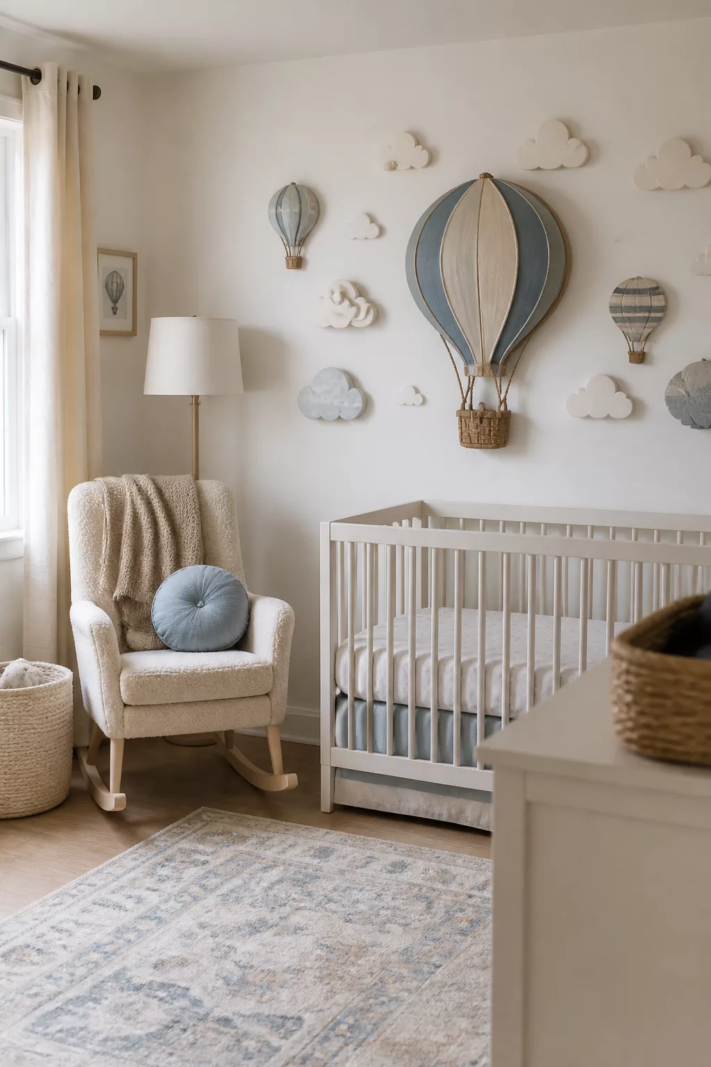3D cloud cutouts and hot air balloon wall art in a soft blue and cream nursery — Hot Air Balloon Nursery Ideas