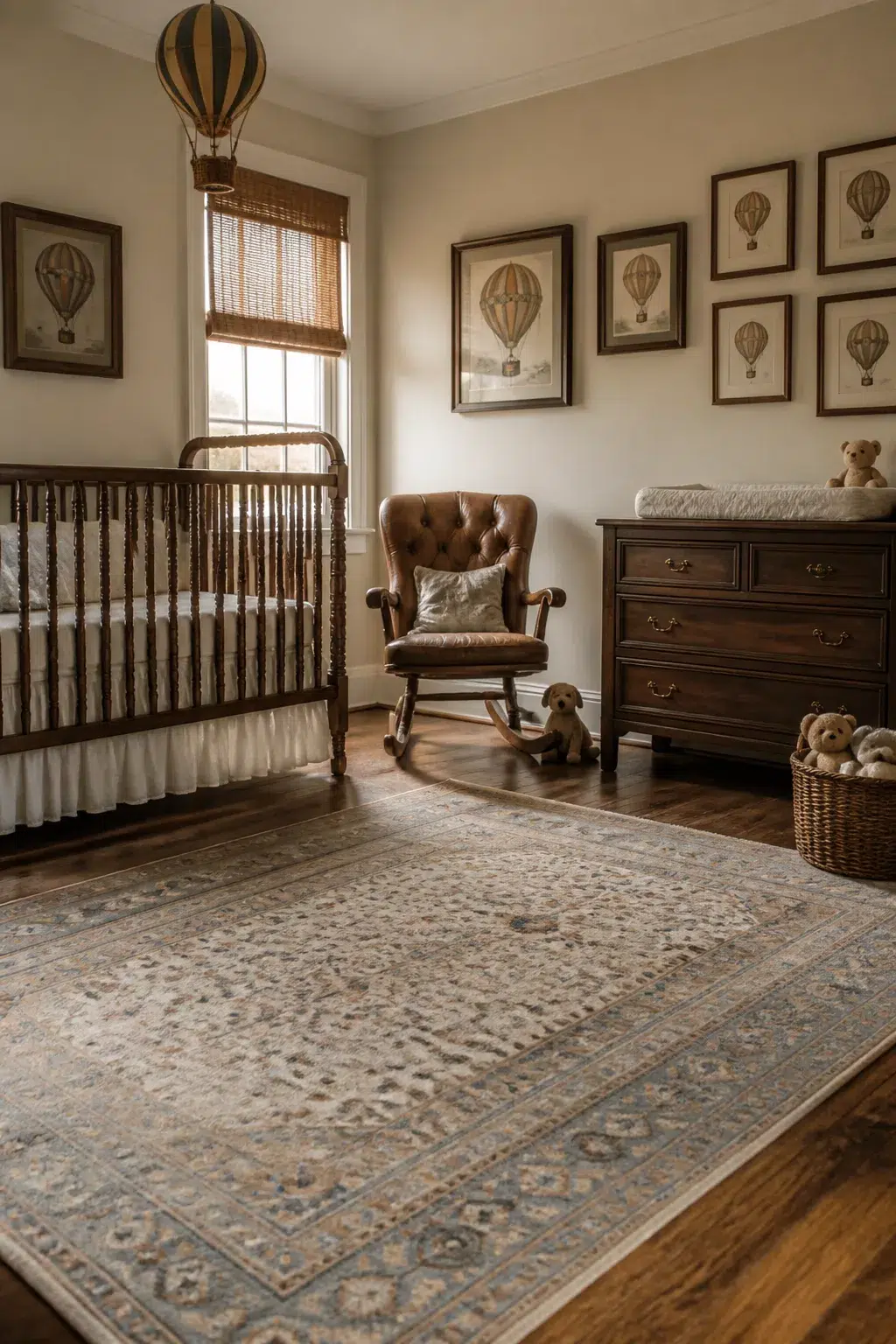Vintage hot air balloon nursery ideas with dark wood furniture, framed balloon prints, and leather rocking chair