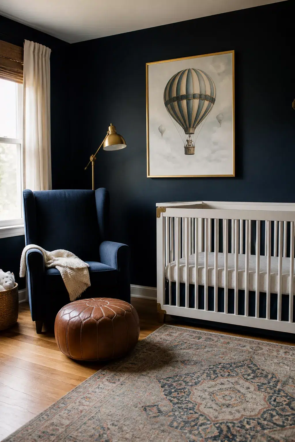 Hot air balloon nursery ideas with navy walls, gold lamp, leather pouf, and framed balloon print above white crib.