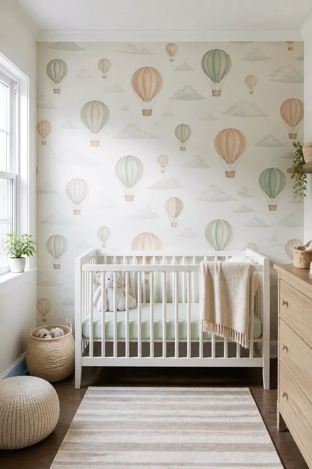 Hot air balloon nursery ideas with sage and peach peel-and-stick wallpaper, white crib, and natural wood dresser
