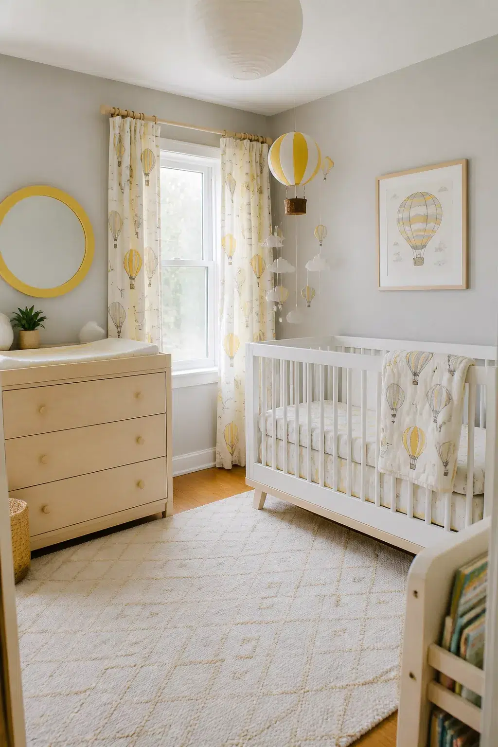 Gender-neutral hot air balloon nursery ideas with yellow gray balloon mobile, matching curtains, and crib bedding