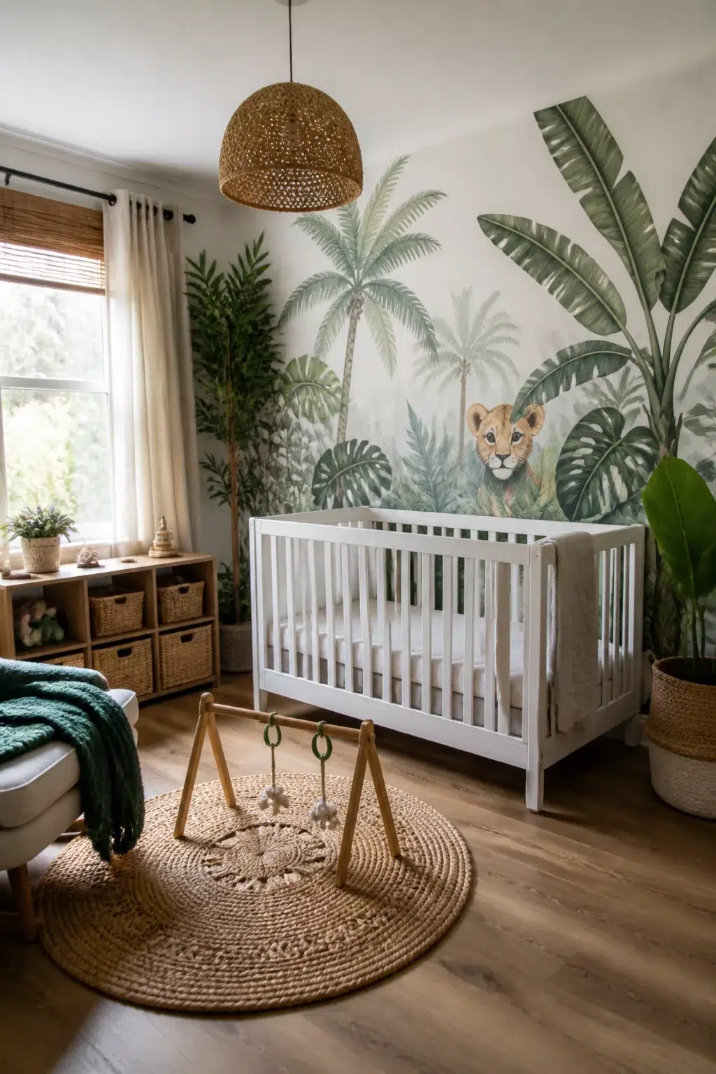 Jungle theme nursery ideas for boys with floor-to-ceiling tropical mural, lion cub detail, and white crib.