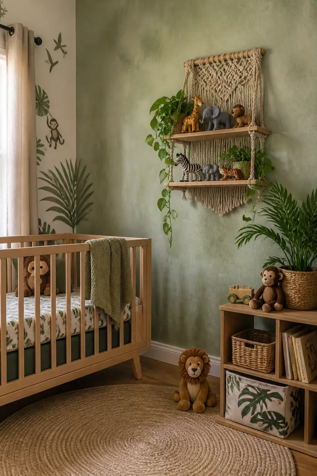 Boho macrame wall shelf with safari animal figures in a jungle theme nursery for boys with sage green walls