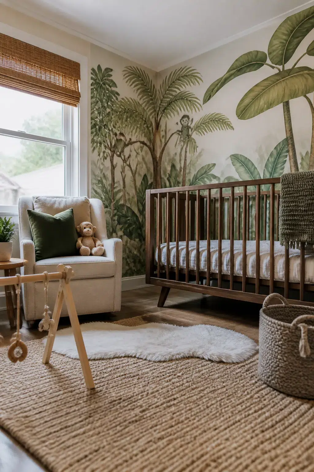 Jungle theme nursery ideas for boys with watercolor mural, dark wood crib, cream glider, and jute rug