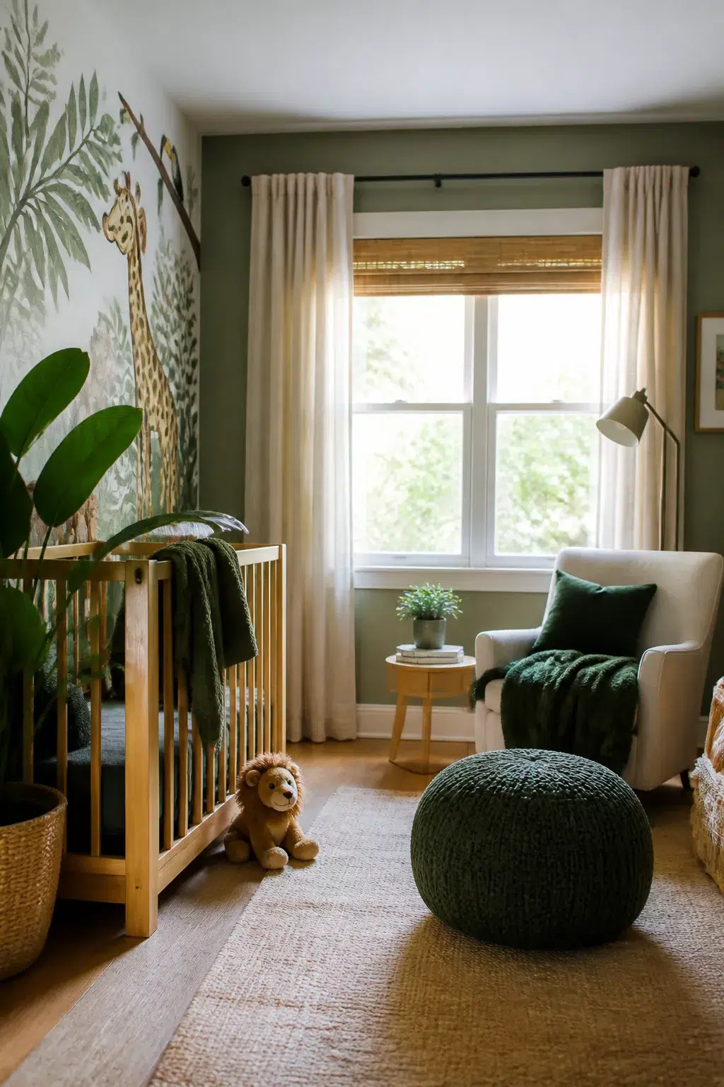 Jungle theme nursery ideas for boys with sage green walls, knit pouf, bamboo shade, and cream glider.
