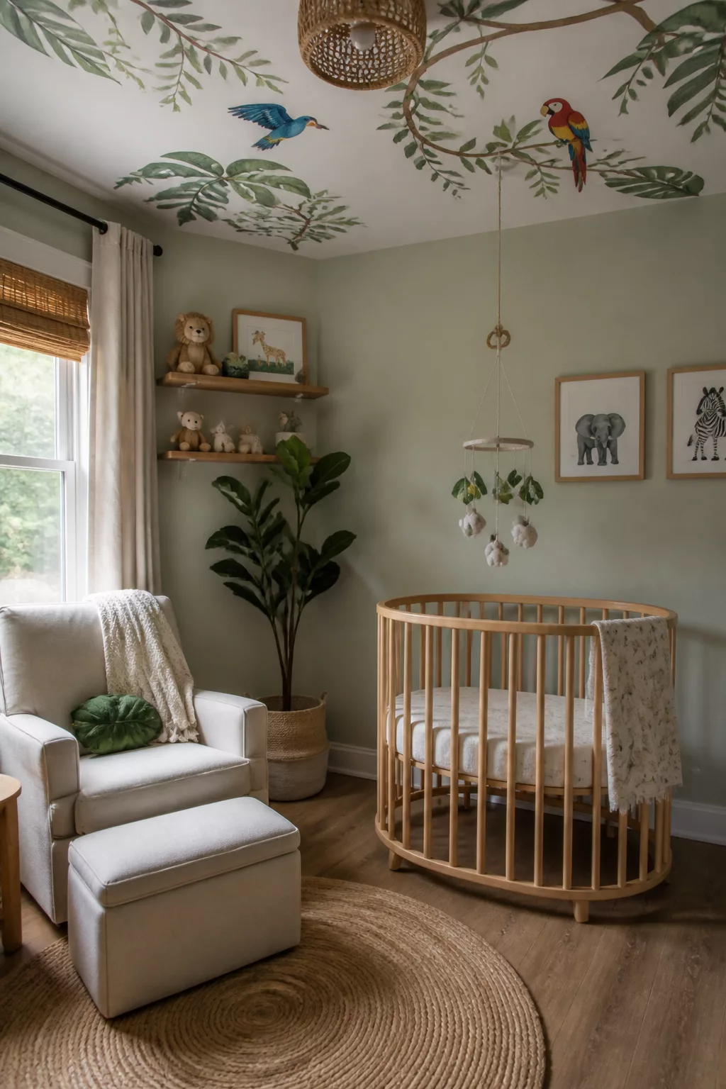 Jungle theme nursery ideas for boys with painted ceiling canopy, tropical birds, sage green walls, and round wood crib