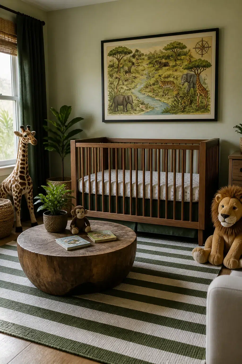 Jungle theme nursery ideas for boys with vintage safari map wall art, walnut crib, striped rug, and plush animals
