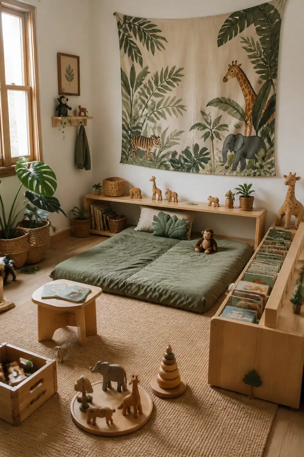 Montessori floor mattress jungle theme nursery ideas for boys with tapestry and wooden animal toys