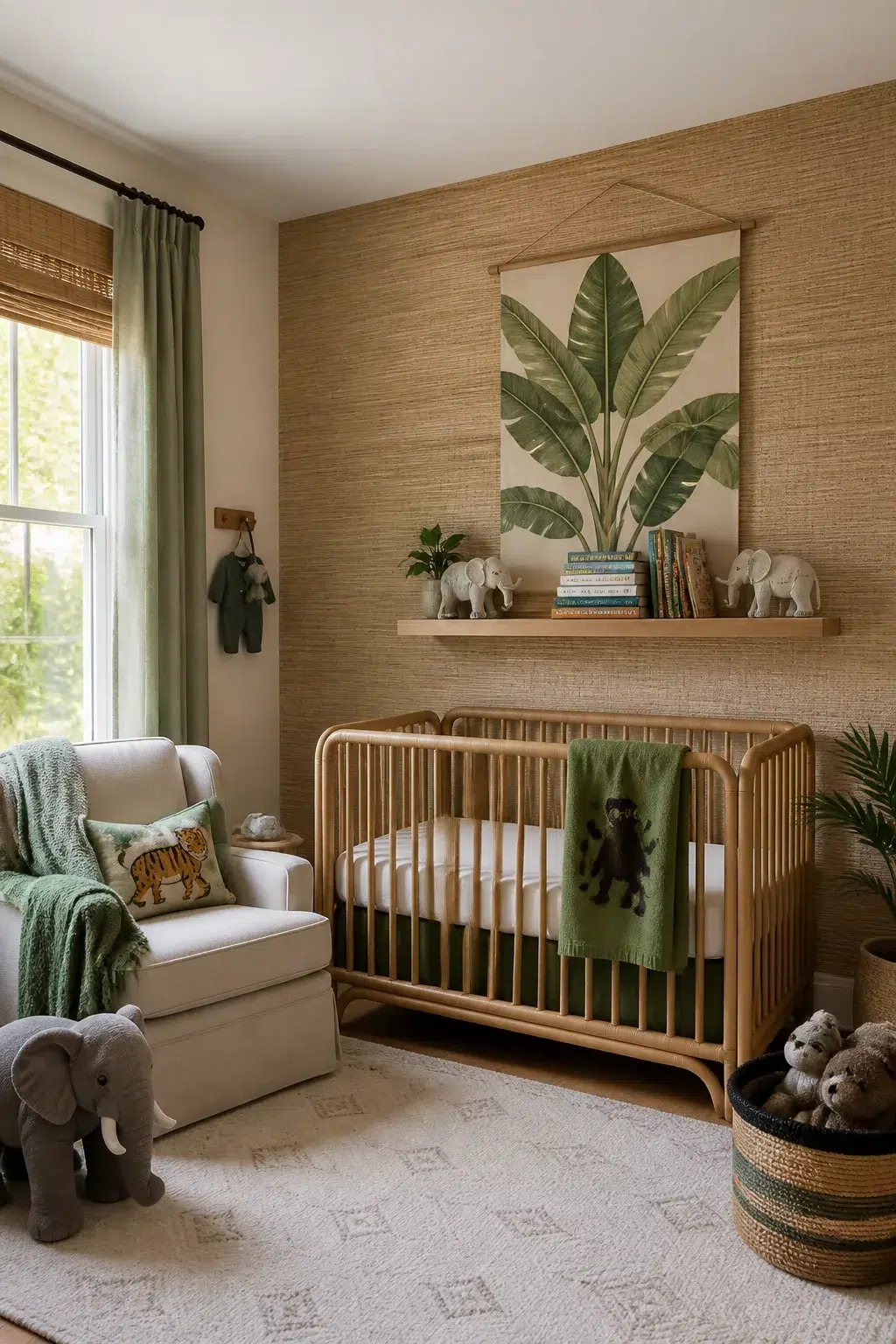 Jungle theme nursery ideas for boys with grasscloth wallpaper, rattan crib, and botanical art print above floating shelf.