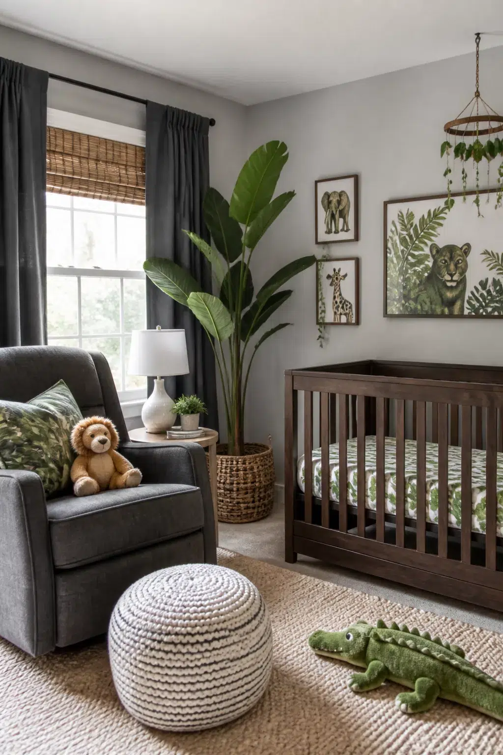 Gray and green jungle theme nursery ideas for boys with dark wood crib, tropical plant, and safari wall art