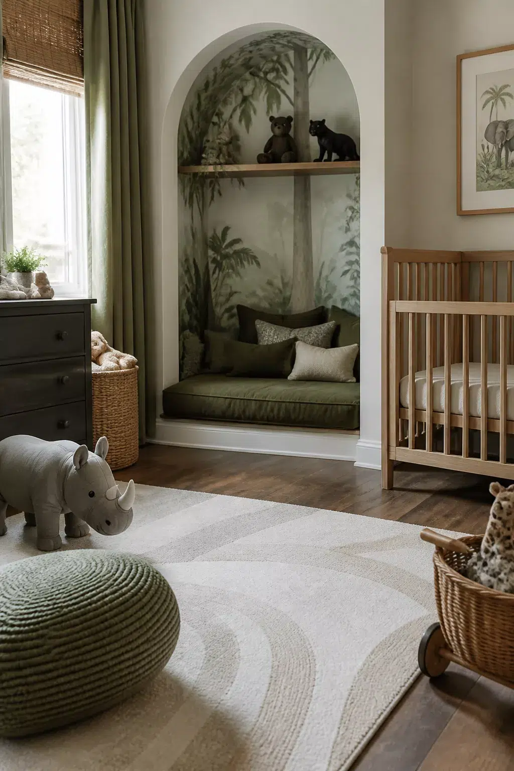 Jungle theme nursery ideas for boys featuring an arched nook with painted mural, green cushion bench, and animal shelf figures.