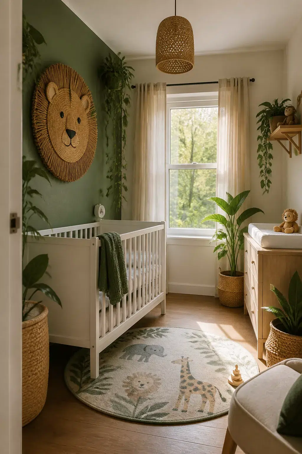Jungle theme nursery ideas for boys with woven rattan lion wall art, safari rug, and sage green accent wall