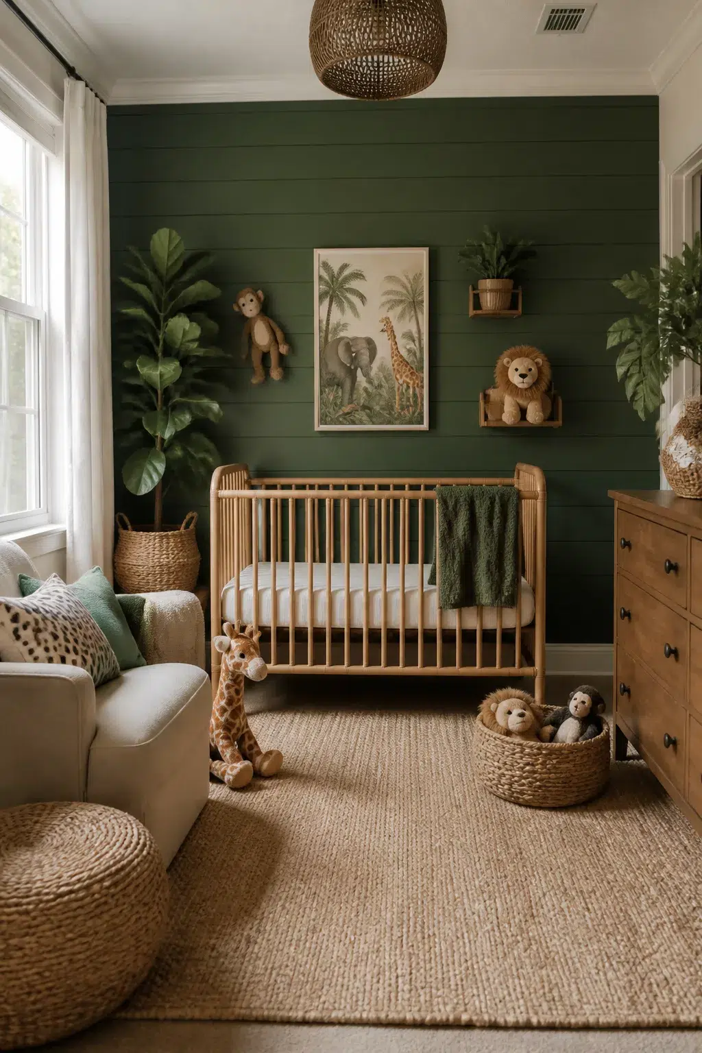 Dark green shiplap accent wall jungle theme nursery ideas for boys with rattan crib and safari stuffed animals