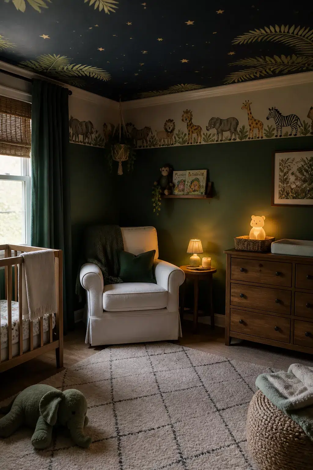Jungle theme nursery ideas for boys with star-painted dark ceiling, safari border, and deep green walls.