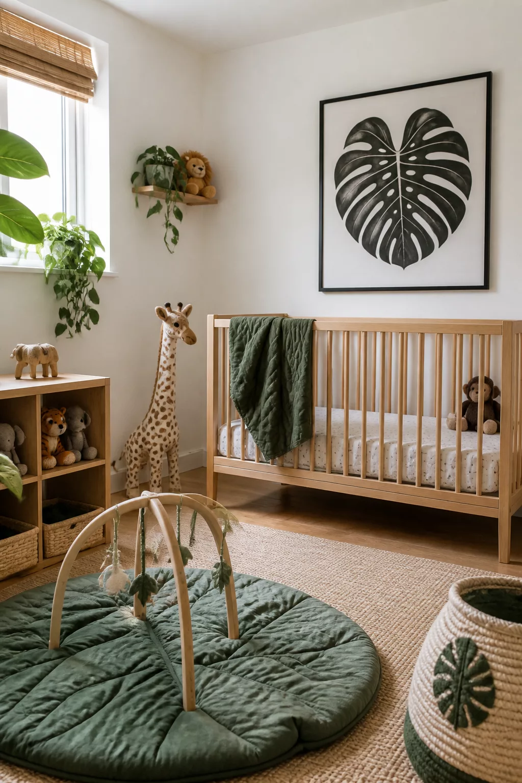 Jungle theme nursery ideas for boys with oversized monstera wall art, leaf play mat, and natural wood crib