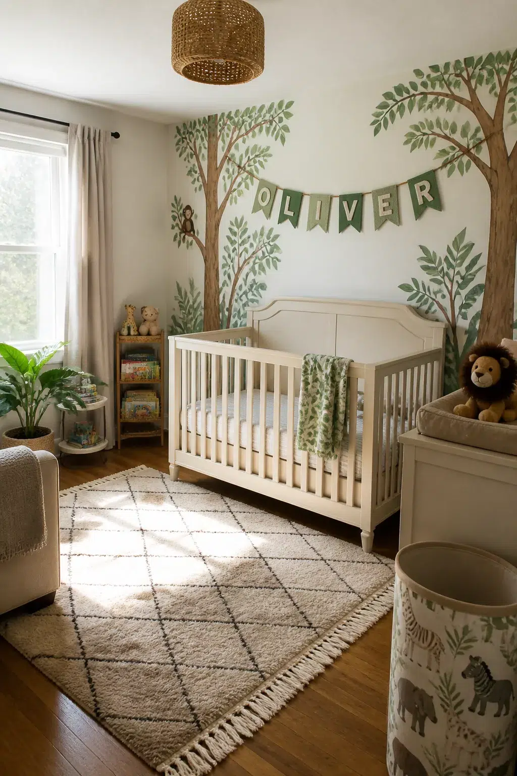 Jungle theme nursery ideas for boys with felt name banner, tree wall mural, and white crib on wood floors.