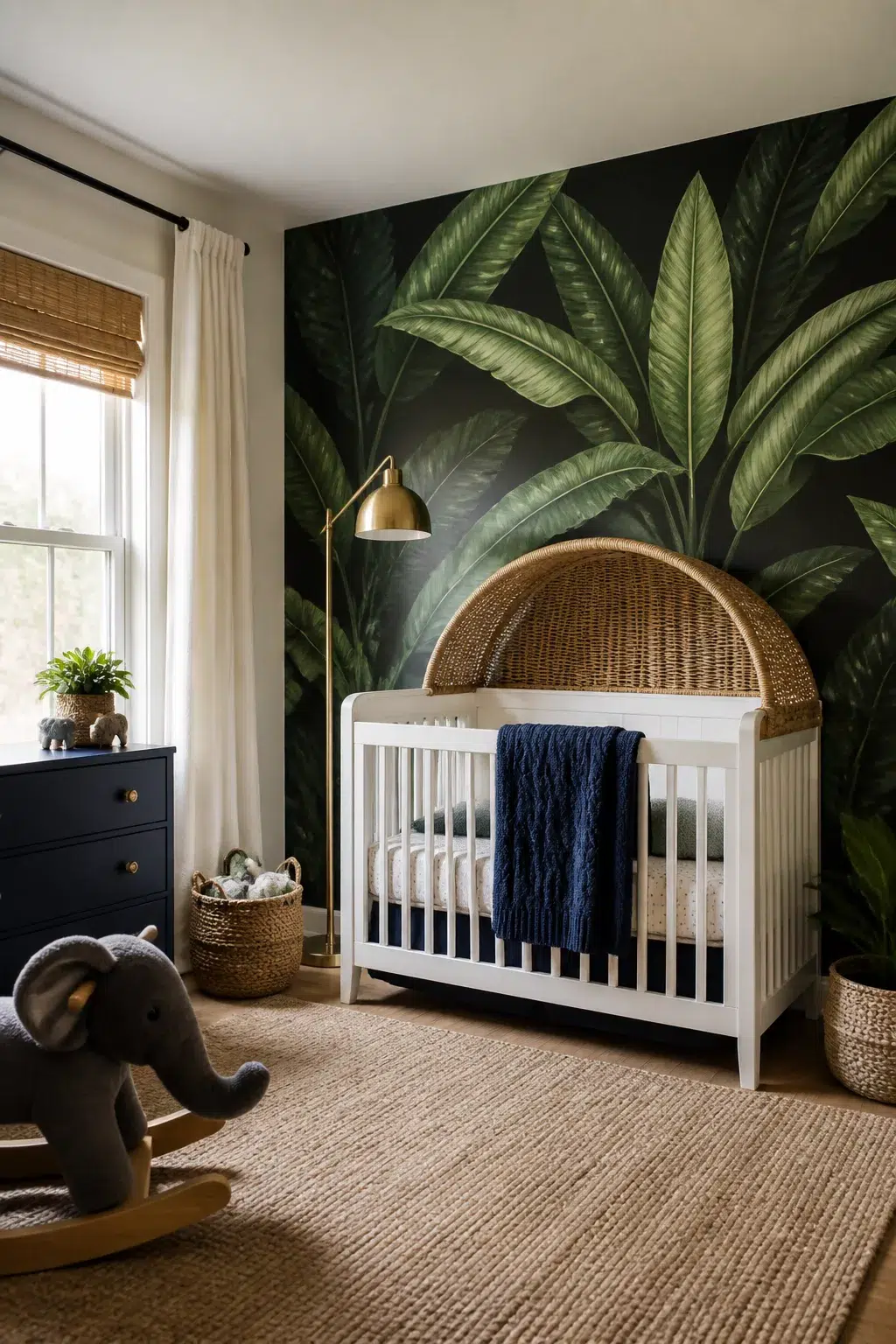 Jungle theme nursery ideas for boys with banana leaf wallpaper, wicker canopy crib, and navy accents