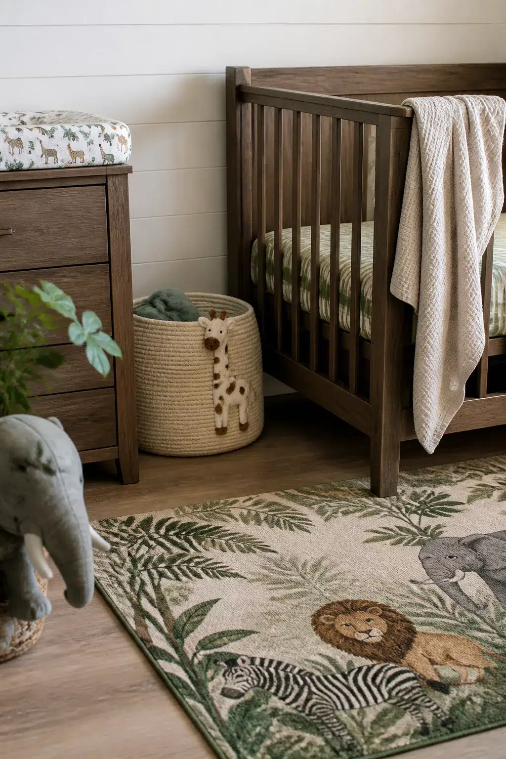 Jungle theme nursery ideas for boys with safari animal rug, dark walnut crib, and woven storage basket.