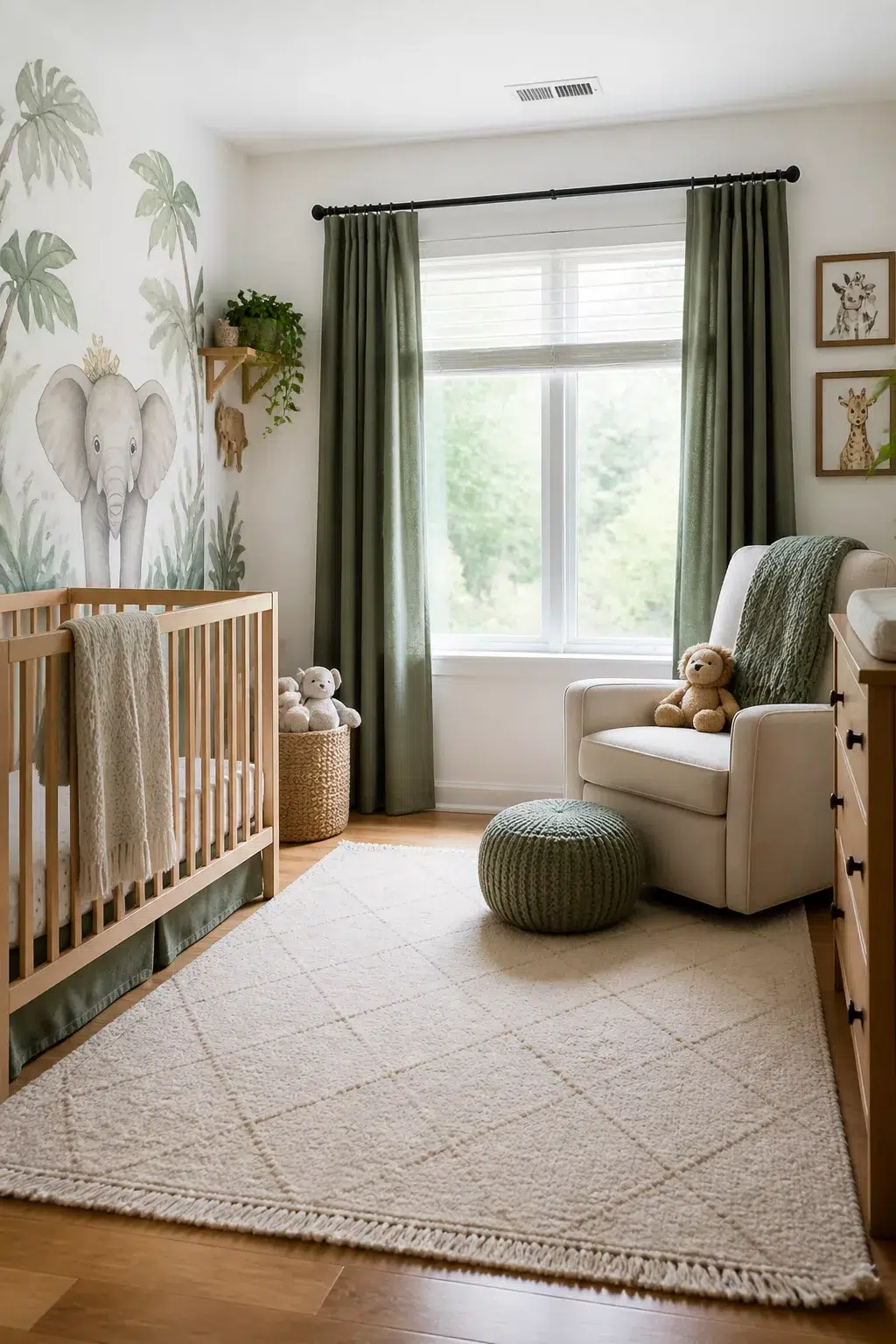 Jungle theme nursery ideas for boys with a soft watercolor elephant mural, sage curtains, and natural wood crib.