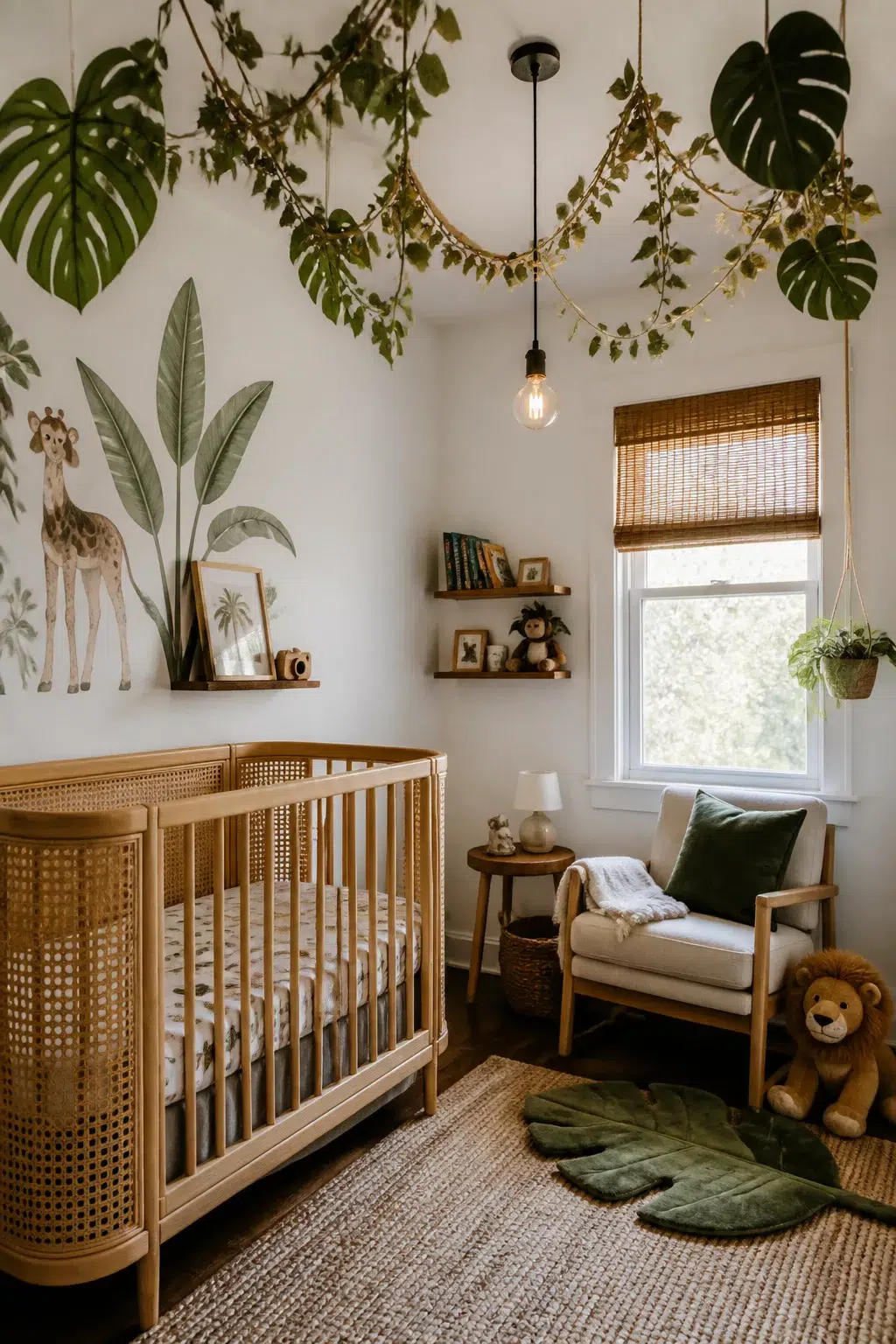 Jungle theme nursery ideas for boys with hanging vine ceiling installation, rattan crib, and Edison pendant light.