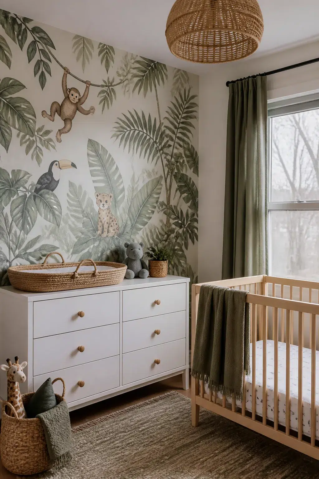 Jungle theme nursery ideas for boys with soft watercolor animal peel-and-stick wallpaper, wood crib, and rattan pendant light.