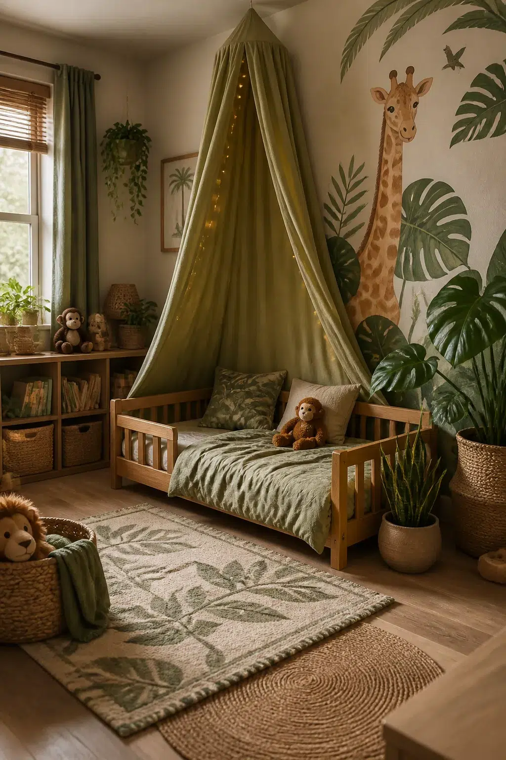 Jungle theme nursery ideas for boys featuring olive green canopy bed nook with giraffe mural and botanical rug