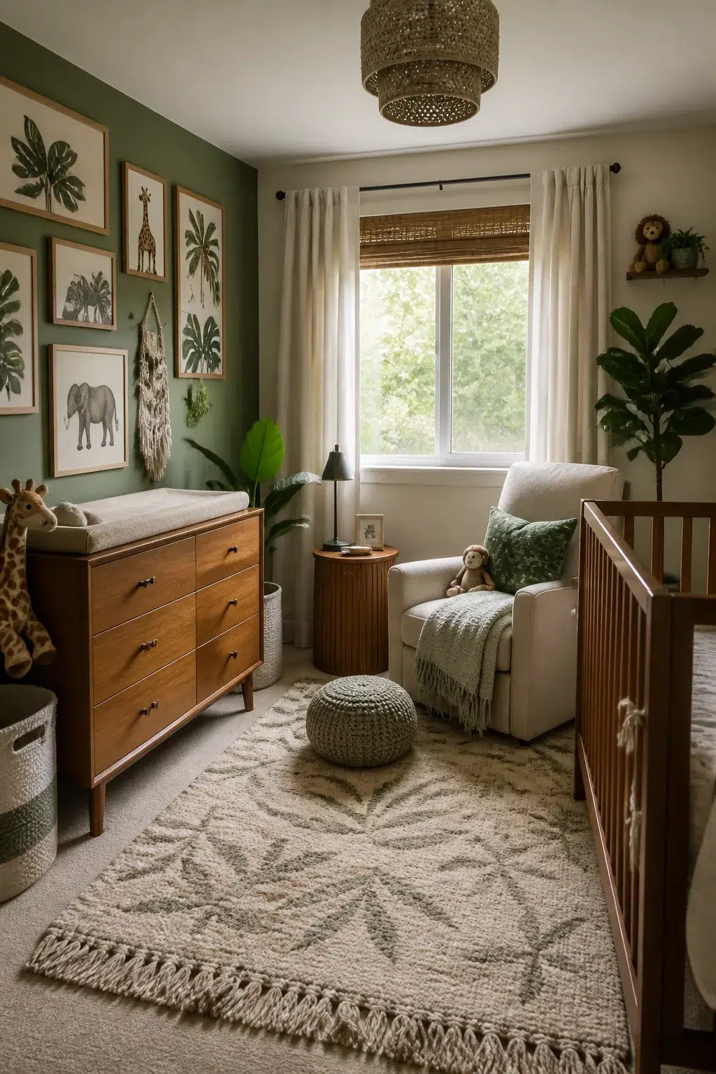 Framed safari animal gallery wall in a jungle theme nursery for boys with green walls and walnut dresser