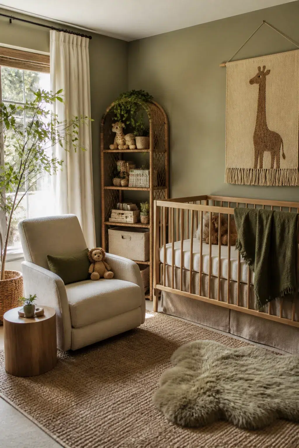 Jungle theme nursery ideas for boys with sage walls, jute rug, sheepskin, and woven giraffe wall art