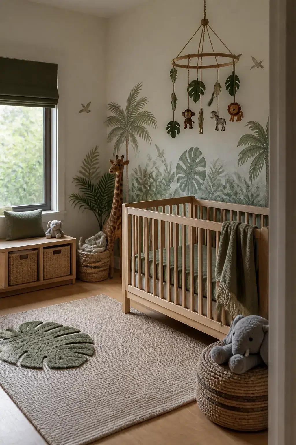 Jungle theme nursery ideas for boys with safari animal mobile, monstera rug, and wooden crib against tropical mural