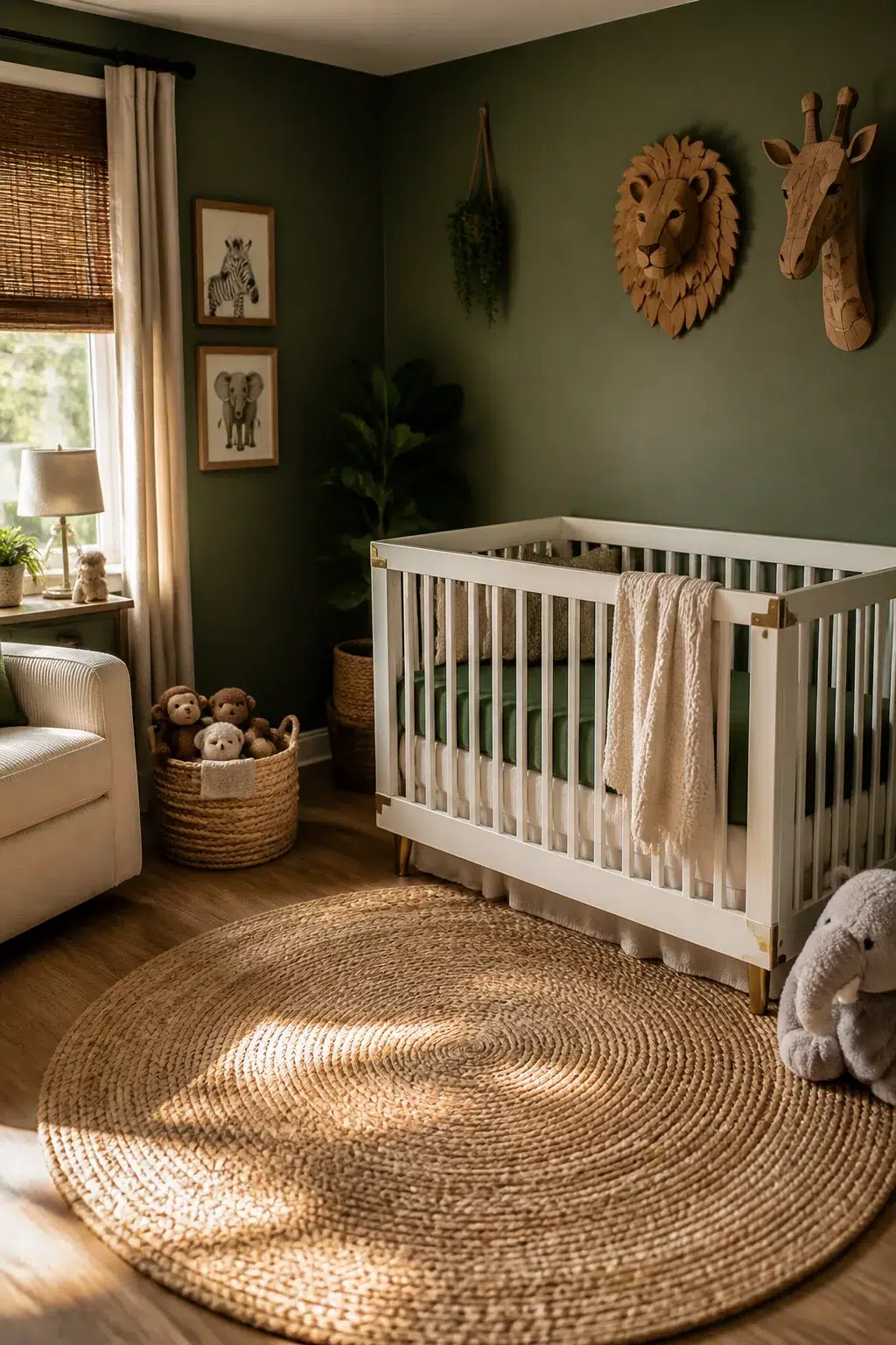 Olive green jungle theme nursery ideas for boys with wooden lion and giraffe wall mounts and white crib
