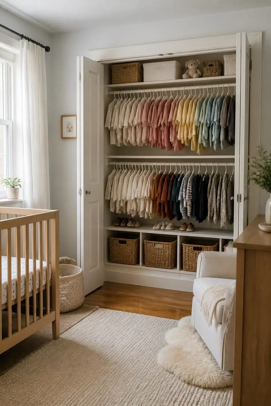 Double hanging rod nursery closet organization tips with rainbow-sorted baby clothes and woven baskets below