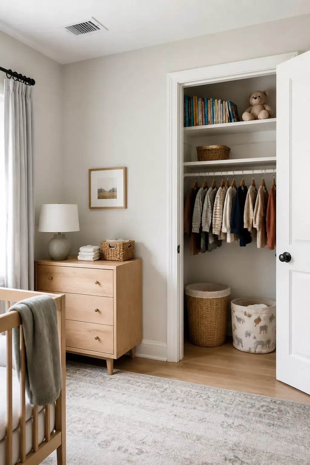 Nursery closet organization tips using built-in shelves for books, stuffed animals, and woven baskets above hanging baby clothes.