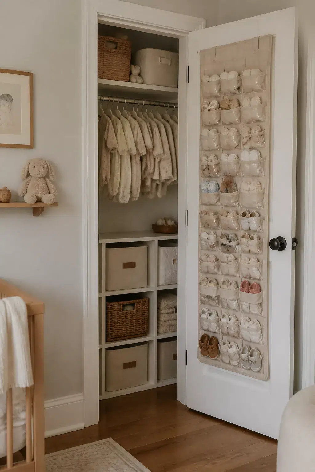 Over-door linen shoe pocket organizer in a beautifully organized nursery closet — nursery closet organization tips